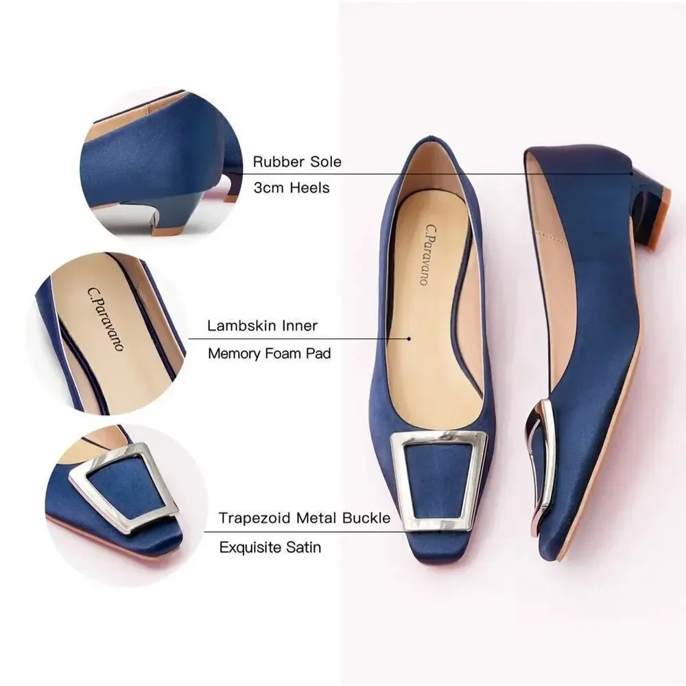 Metal Buckle Satin Low Heel (Lucia) C.Paravano Blue size women's 8 - Picture 4 of 14